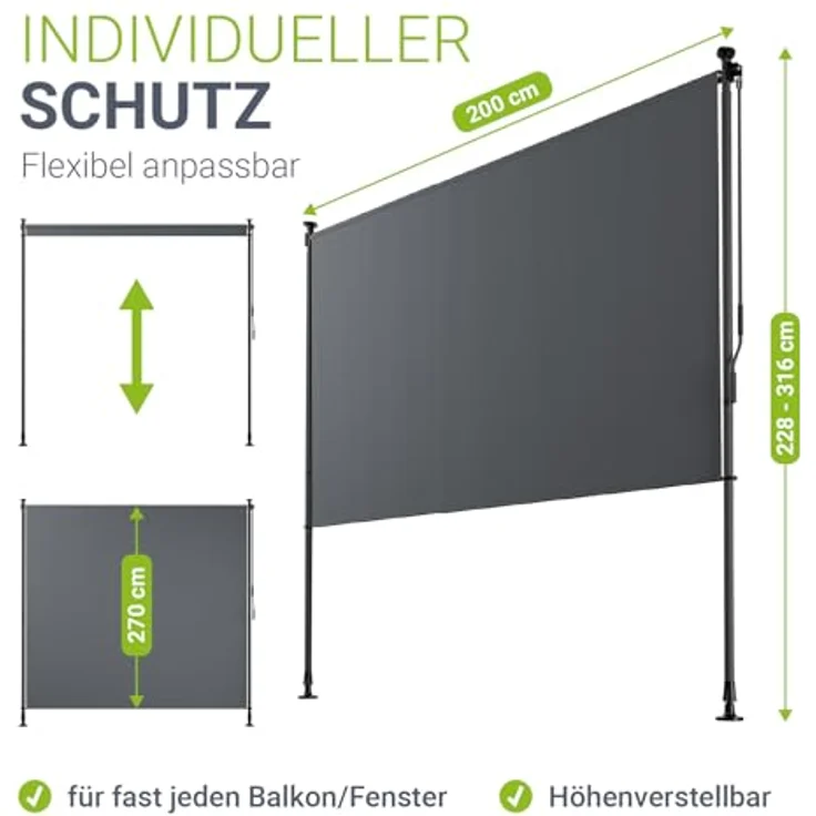 Juskys Senkrechtmarkise Barbados 200x310 cm - Balkon Sichtschutz wetterfest - Ausziehbare Seitenmarkise ohne Bohren - Grau – Bild 5