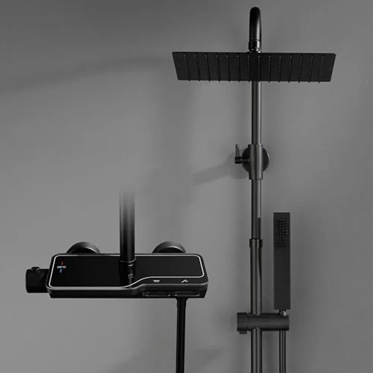 Görbach Regendusche Duschsystem mit Thermostat, 25x25 cm Kopfbrause, Schwarz, antikalk-Düsen, höhenverstellbare Duschstange – Bild 1