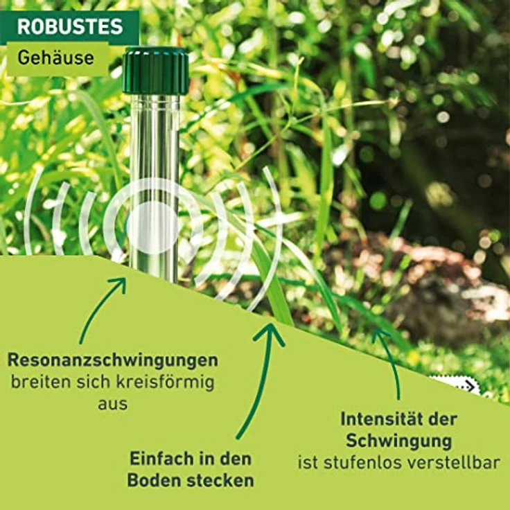 Windhager Wühlmaus Wühlmausvertreiber Aluminium, Wühlmausabwehr, Maulwurfvertreiber, Maulwurfabwehr, Wühlmausschreck, Wirkungsbereich ca. 800m², 02130, Silber, Reichweite – Bild 5