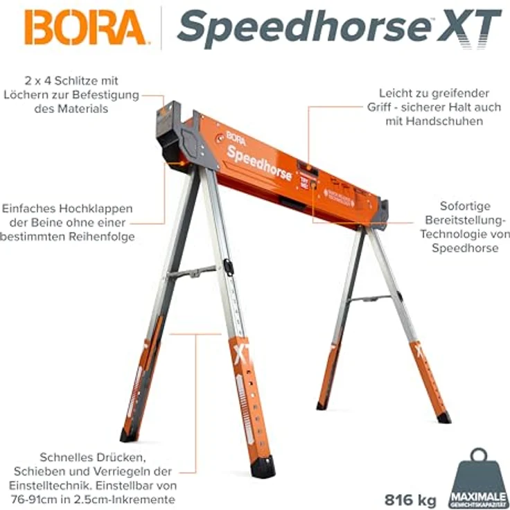 Bora Portamate Speedhorse XT, Höhenverstellbare Sägeböcke 76,2–91,4 cm, 2er Set, Orange/Abendrot im Zickzackmuster (Sunset Chevron), Tragkraft bis 816,5 kg, schneller Aufbau in 1,6 Sekunden – Bild 2