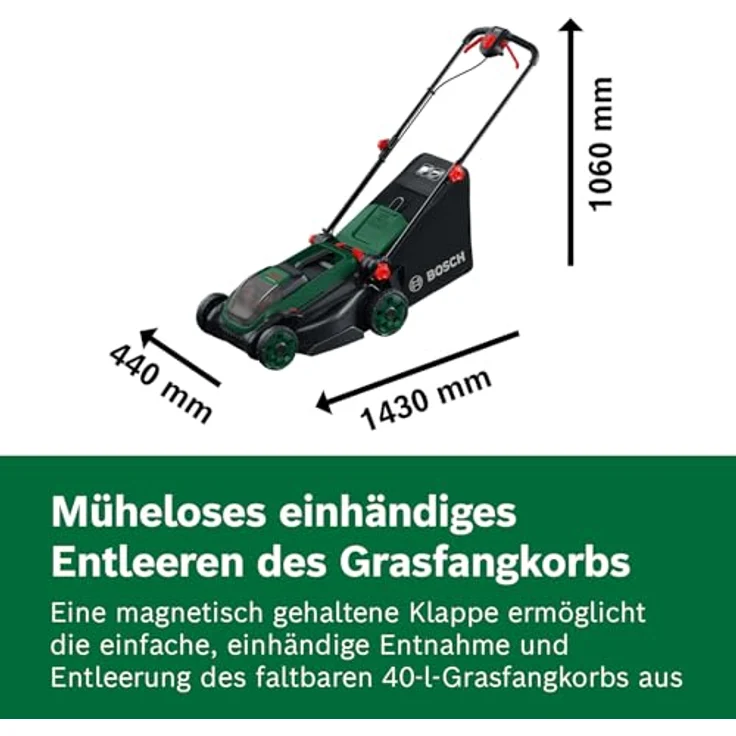 Bosch Akku-Rasenmäher Rotak18V2-38, 38 cm Schnittbreite, inkl. 2 x 18 V Akkus und Ladegerät, 3-in-1 Funktionalität und zentraler Schnitthöhenverstellung – Bild 6