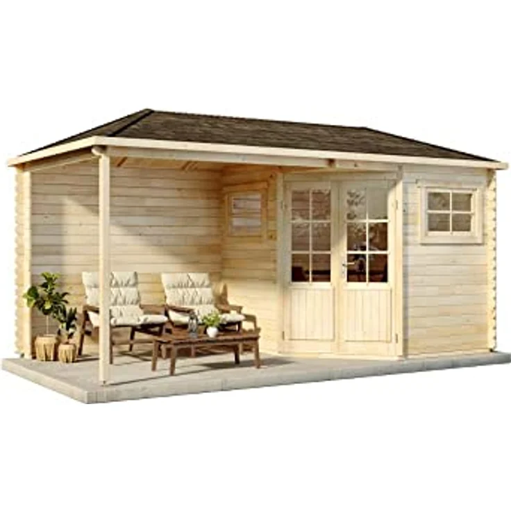 Alpholz 5-Eck Gartenhaus mit Anbau Franz aus Massiv-Holz | Gerätehaus mit 28 mm Wandstärke | Garten Holzhaus mit Imprägnierung (pinie) | Geräteschuppen Größe: 500 x 250 cm – Bild 2