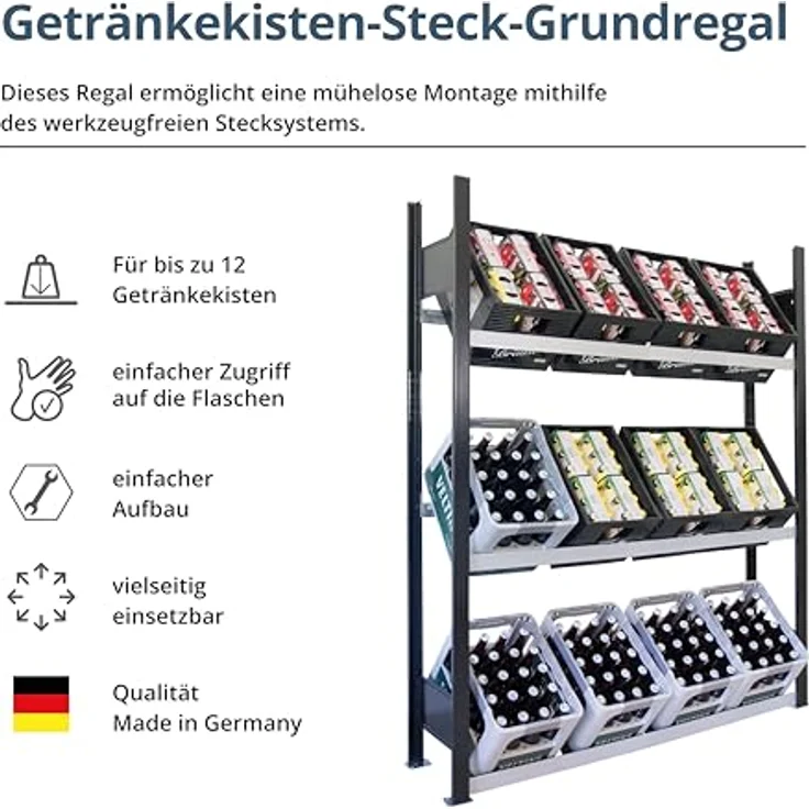 SCHULTE Regalwelt Getränkekistenregal für bis zu 12 Kisten, 180x130x30 cm (HxBxT), Traglast pro Ebene 60 kg, schwarz-silber, Getränkeregal, Bierkistenregal, Flaschenkastenständer, Wasserkistenregal – Bild 4