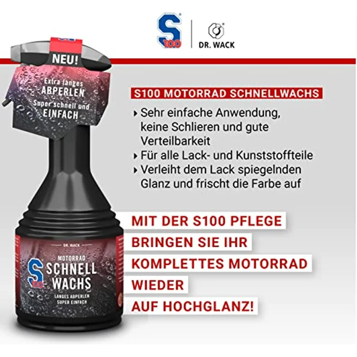 DR WACK Dr. Wack S100 Motorrad Schnellwachs, 500 ml, Hydrophobie-Formel für schnellen Lackschutz und spiegelnden Glanz – Bild 4