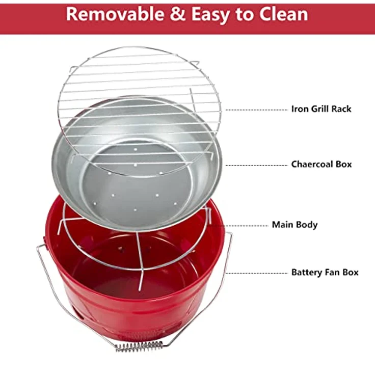 Uten Grill Tragbarer Grilleimer mit Griff, Leckeres BBQ, Picknickgrill mit Großer Grillfläche, Holzkohle, Durchmesser 27,5 cm, Geeignet für 1-4 Personen, Rot – Bild 4