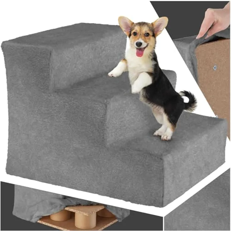 tectake® Hundetreppe oder Katzentreppe, Haustiertreppe mit waschbarem Plüschbezug, extra Flache Treppenstufen, grau, 37 x 45 x 34,5 cm