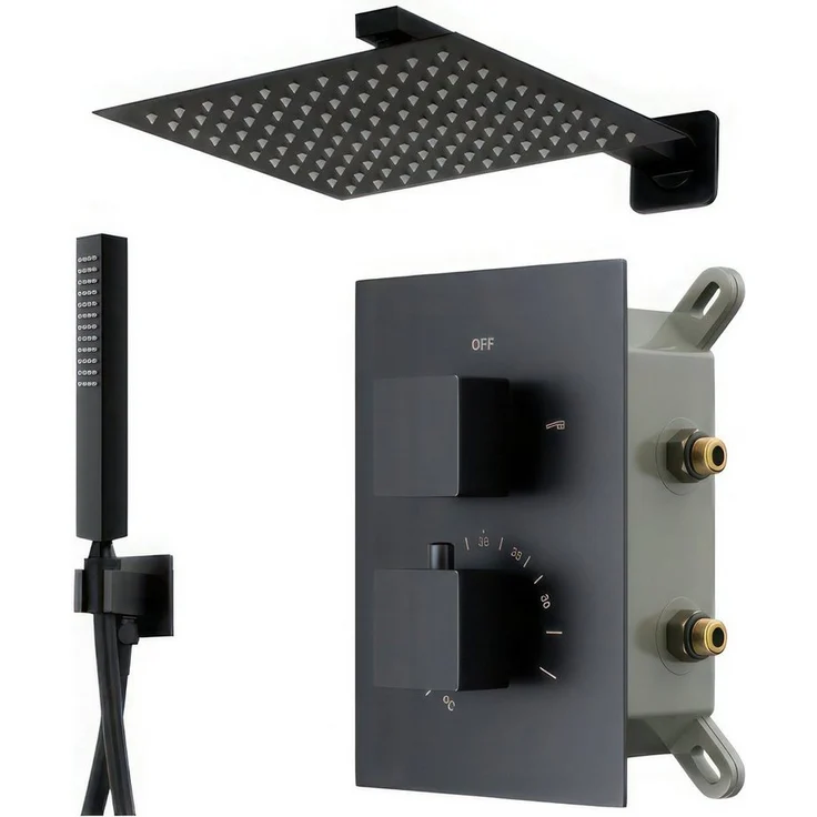 KOLMAN Stangenbrause-Set ADOUR, Komplettes Unterputz Duschsystem, Thermostatisch, Schwarz, Höhe 20 cm