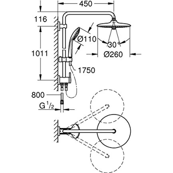 GROHE Vitalio Joy Shower System 260 - Duschsystem mit Umstellung (für die Wandmontage, 3 Strahlarten, Wechsel zwischen Hand- und Kopfbrause, Twistfree Brauseschlauch), chrom, 27357002 – Bild 5