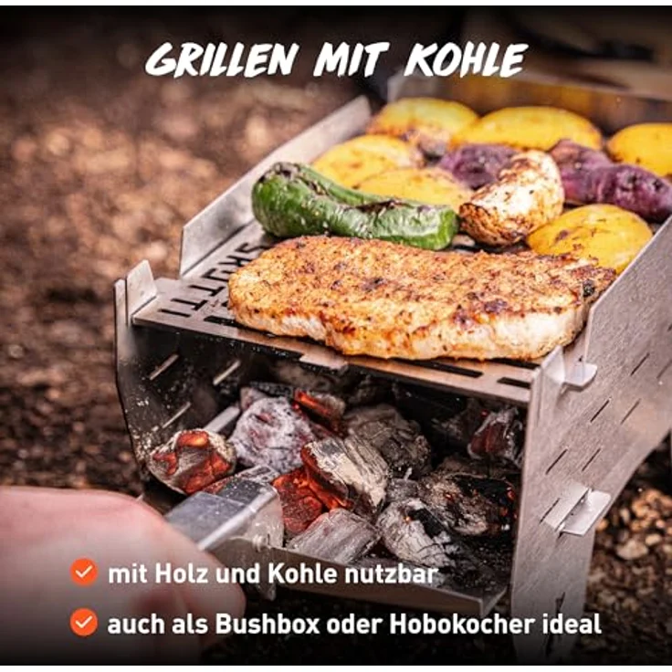 SKOTTI Grill Mini Holzkohlegrill Campinggrill faltbar mit Tasche, 304er Edelstahl, 1,9 kg, 24 cm x 16,5 cm, schickes SKOTTI Design – Bild 4