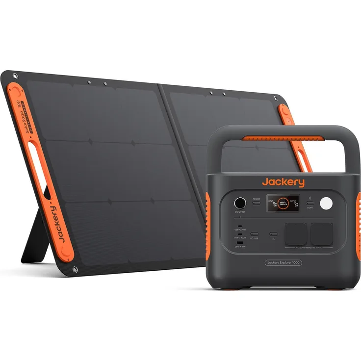 Jackery Solargenerator 1000 v2, Tragbare Powerstation mit 1070Wh LiFePO4 Akku, 1500W AC/100W USB-C Ausgang, 100W Solarpanel, 1 Std. Schnellladung