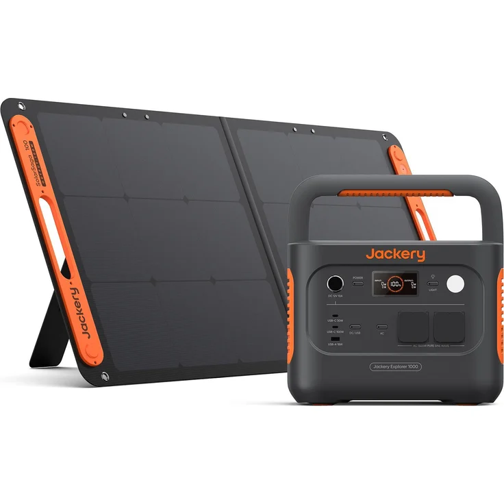 Jackery Solargenerator 1000 v2, Tragbare Powerstation mit 1070Wh LiFePO4 Akku, 1500W AC/100W USB-C Ausgang, 100W Solarpanel, 1 Std. Schnellladung
