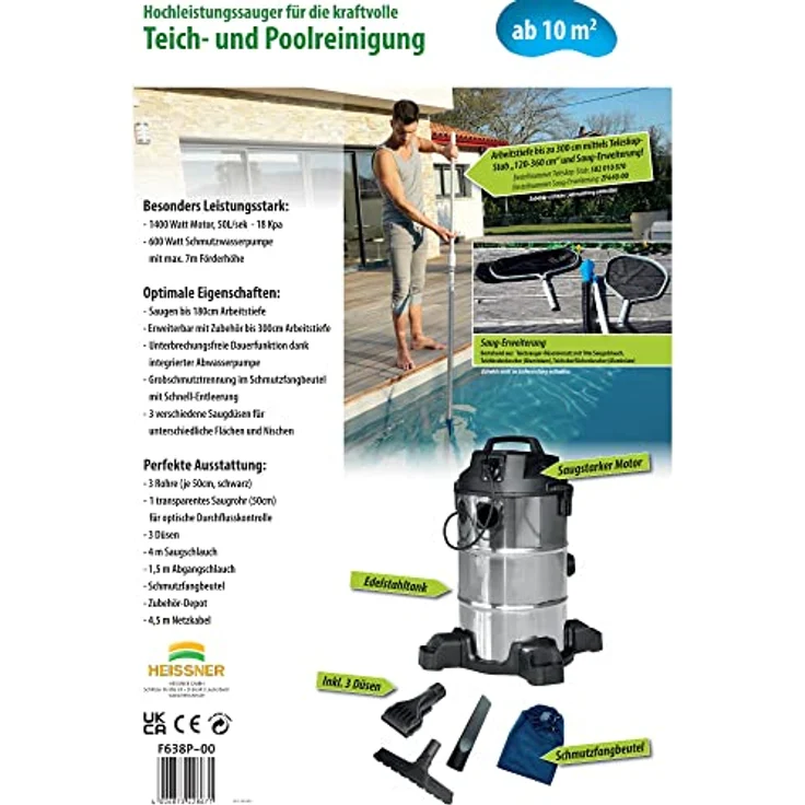 Heissner Teichschlammsauger 4000 L/h, Multifunktions-Dauersauger mit 30 Liter Edelstahltank, silber – Bild 6