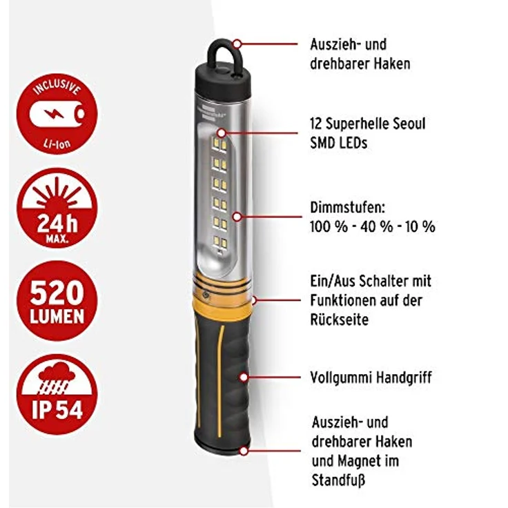Brennenstuhl LED Akku Werkstattleuchte WL 500 A/Aufladbare Stableuchte mit USB Ladekabel (520lm, 3 Lichtmodi, mit integriertem Haken und Magnet) – Bild 2