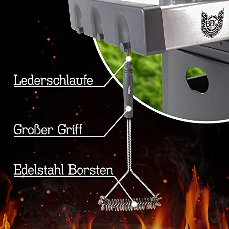 Maxxus BBQ Chief Profi Grillbürste, 40 cm lang, Edelstahlborsten, langer Griff, Lederschlaufe zum Aufhängen, Grill Reinigungsbürste für Grillrost und Gasgrill – Bild 4