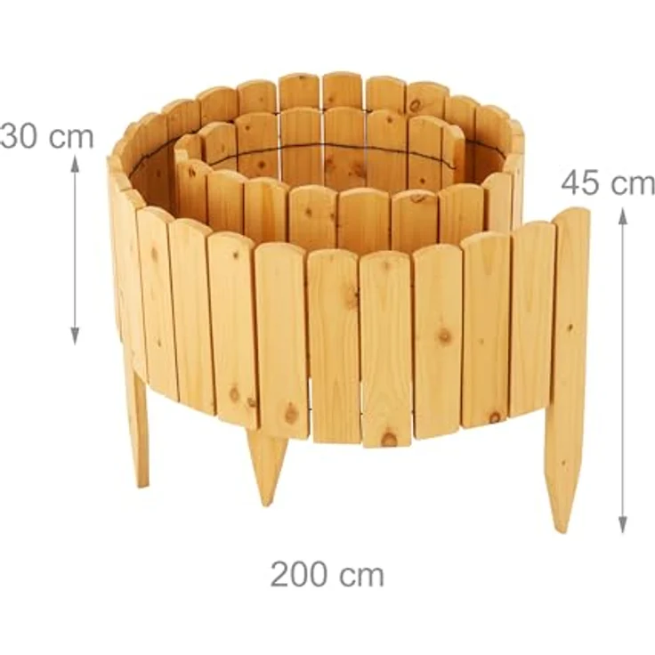 Relaxdays Beeteinfassung, flexibler Steckzaun aus Tannenholz, 200 cm lang, Sichthöhe 30 cm, hellbraun – Bild 3
