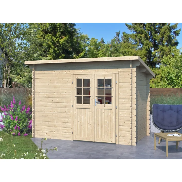 Woodtex Gartenhaus Aras 34 mm, BxT: 368x210 cm, modernes Holz-Gartenhaus mit Pultdach und Doppelflügeltür mit Glas, ideal als Gerätehaus