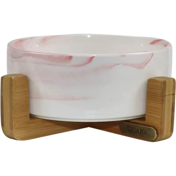 CHIARA MARMA Futternapf Single CHNM-130S-WH/PI, Essnapf, Trinknapf, langlebig (Größe: L, rutschfest, spülmaschinenfest, Material: Keramik, Bambusständer), Weiss/Pink