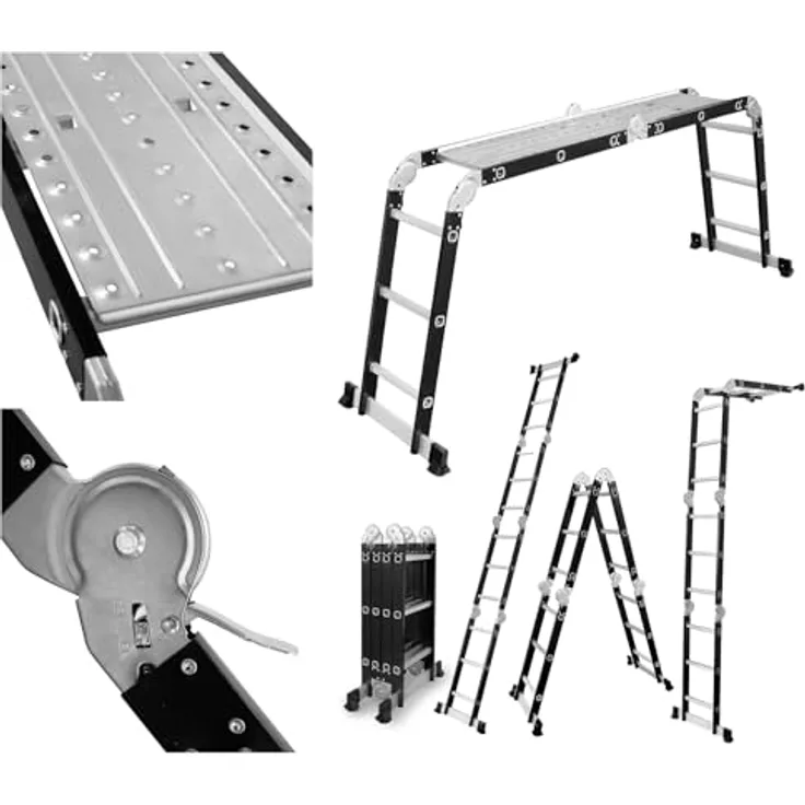 DRABEST Gelenkleiter 4x3 Sprossen mit Plattform, Aluminium und Stahl, Klappleiter, Aluleiter, Maximale Belastung bis 125 kg - Mehrzweckleiter, Ausziehleiter - 0,32 x 0,89 x 0,25 m