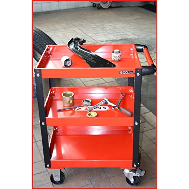 KSTOOLS ECOline Werkstatt-Servicewagen, H850xB680xT425mm, stabiler Stahlblech-Konstruktion, 3 Etagen, rot, hohe Tragkraft bis 150 kg, leicht rollbar mit 4 Rädern – Bild 11