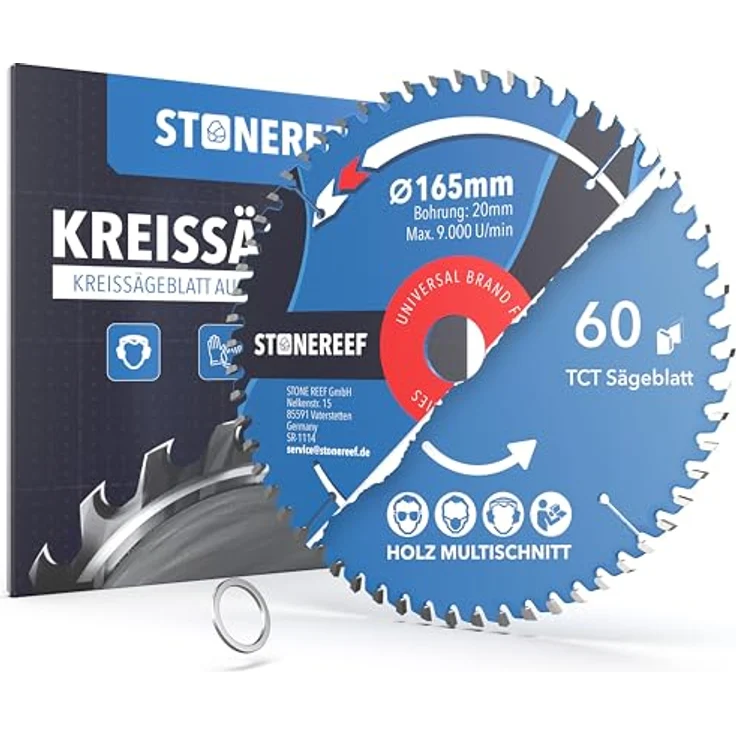 STONE REEF Kreissägeblatt 165 x 20 mm, 60 Zähne, Hartmetall, für Handkreissäge und Tischkreissäge, Adapterring 16 mm, präzise, ausrissfreie Schnitte – Bild 1