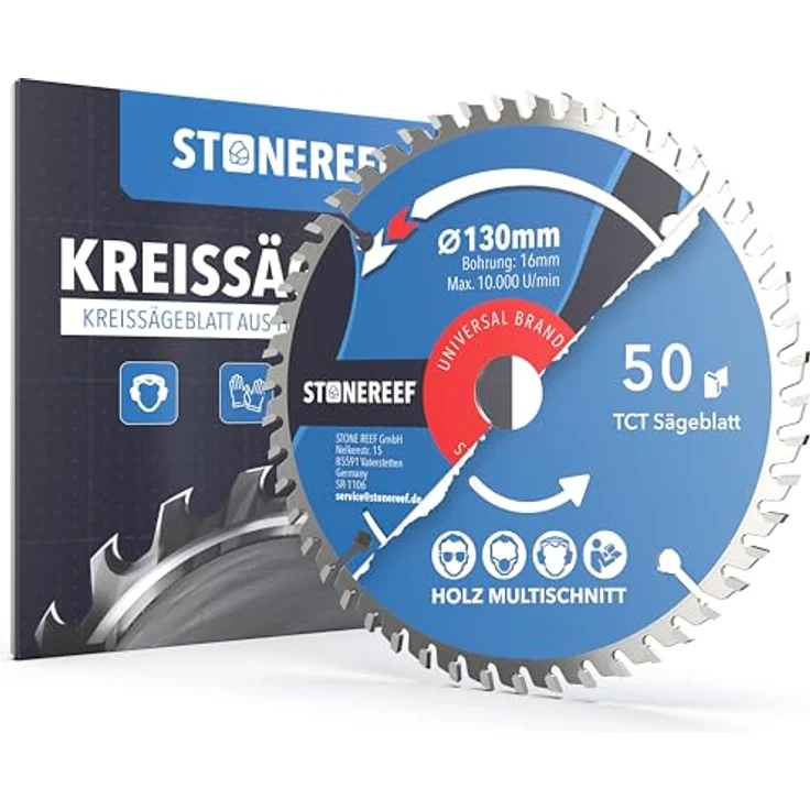 STONE REEF Kreissägeblatt 130 x 16 mm, 50 Zähne für Holz & Kunststoff, kompatibel mit Hand-, Akku- und Tischkreissägen, nagelfeste Hartmetall-Qualität für präzise und ausrissfreie Schnitte – Bild 1