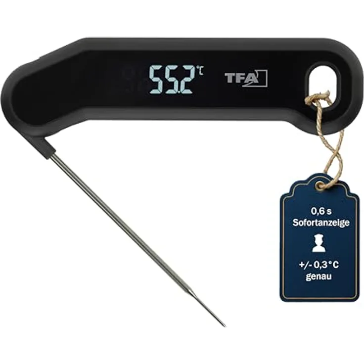 TFA Dostmann Digitales Fleischthermometer 14.1519, 0,6s schnelle Messung, 0,3 °C Genauigkeit, IP66 Schutz, Edelstahlsonde, schwarz