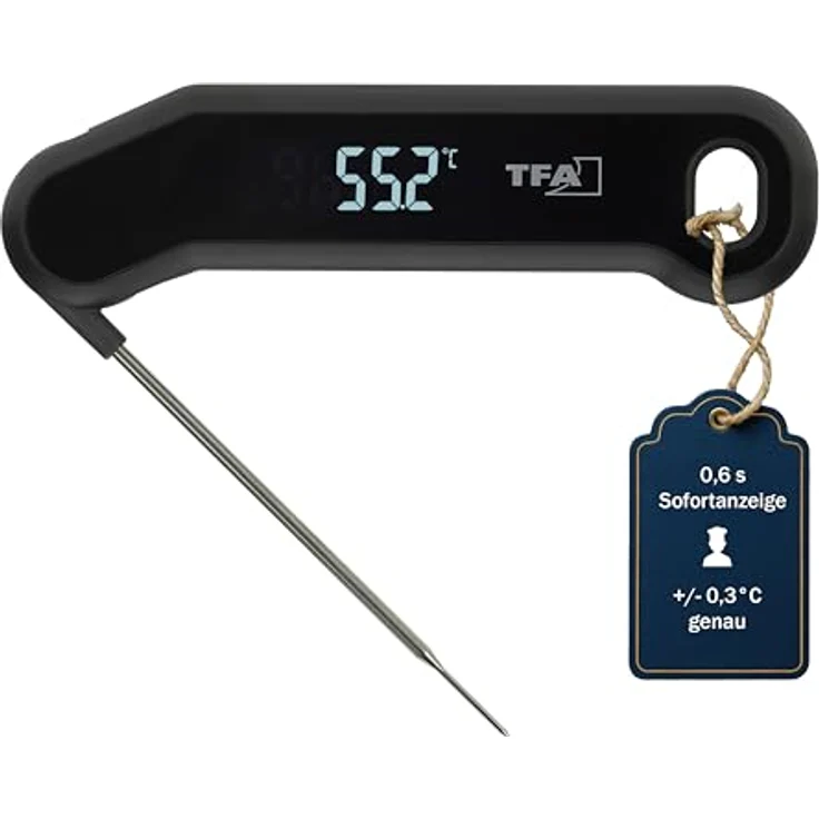 TFA Dostmann Digitales Fleischthermometer 14.1519, 0,6s schnelle Messung, 0,3 °C Genauigkeit, IP66 Schutz, Edelstahlsonde, schwarz – Bild 1