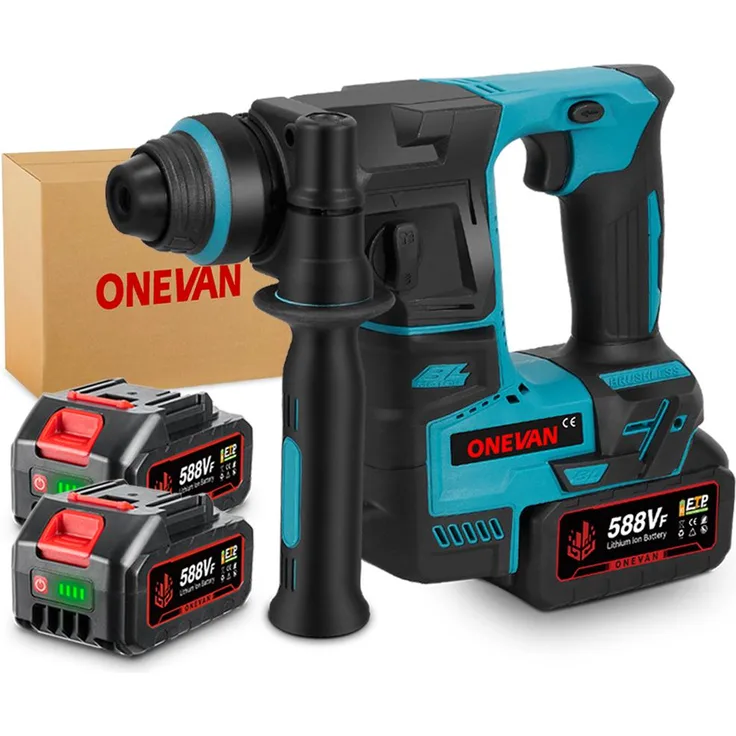 ONEVAN Akku-Bohrhammer SDS-Plus, Bürstenloser Schlagbohrhammer mit 800 W, 2x 3000mAh Akkus für Betonbohrungen und Fliesenentfernung