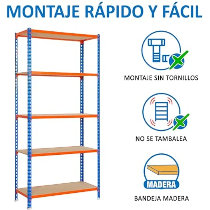 Simonrack Simonclick Metallregal Maderclick Plus, 200 x 100 x 40 cm, 5 Böden, Traglast 150 kg pro Boden, Stecksystem, Blau/Orange – Bild 5