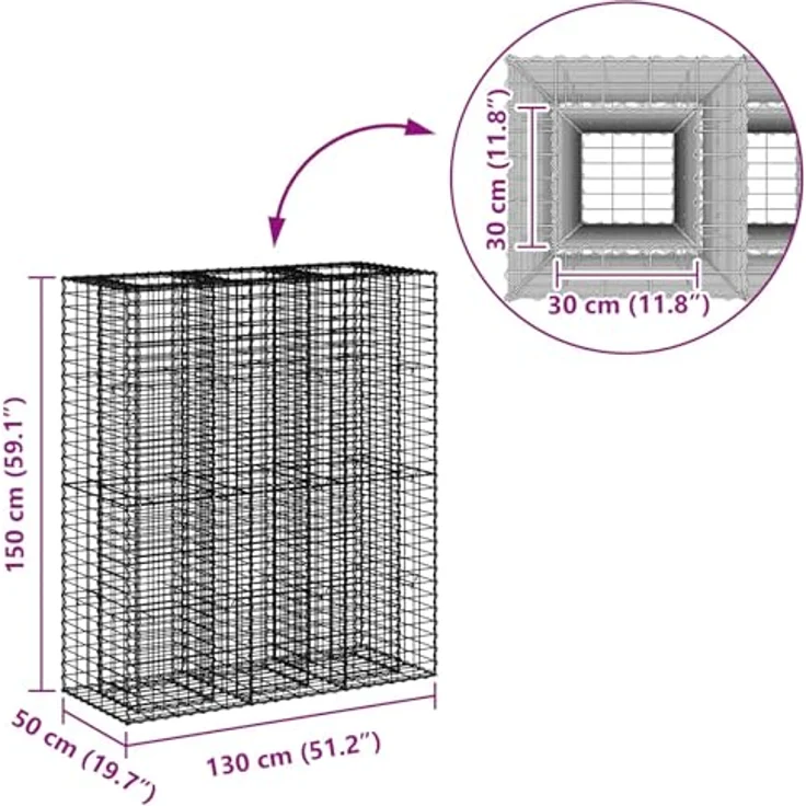vidaXL Gabionen Hochbeet 2er Set, Rechteckig, Silber, 130 x 50 x 150 cm, Sichtschutzpaneele, Langlebig, Wetterfest, Für Garten und Terrasse – Bild 2