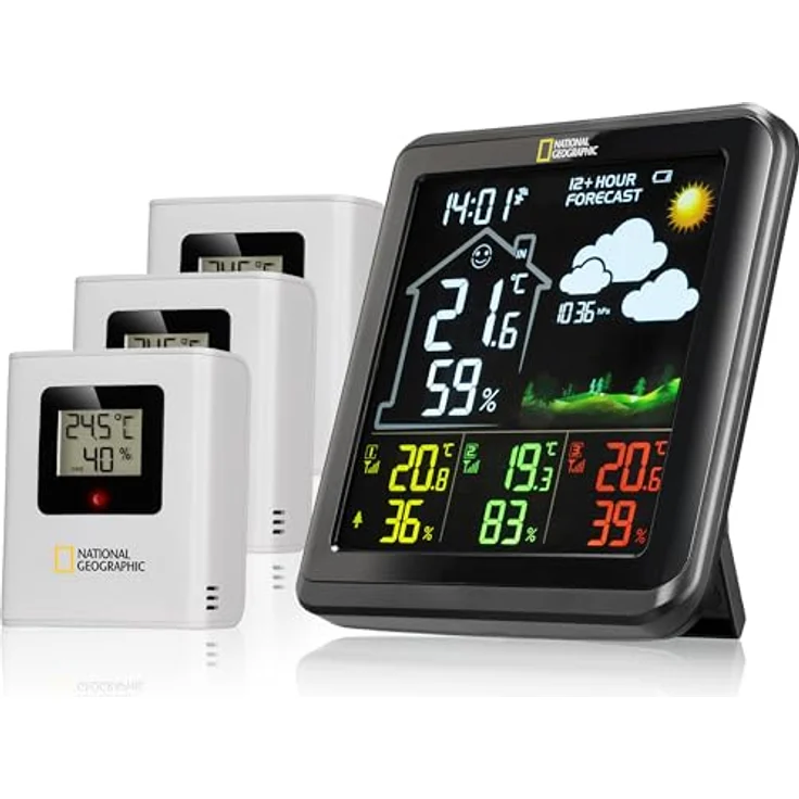 National Geographic 9070710 Wetterstation, VA Farb-Wetterstation mit 4 Messbereichen, Funk mit Außensensor, schwarz – Bild 1