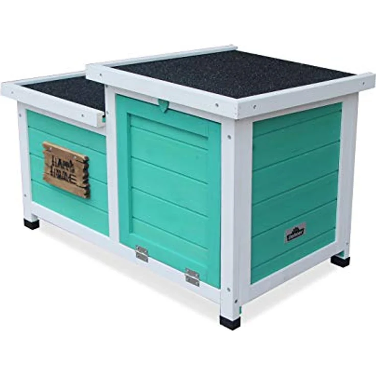 Dehner Nagerschlafhaus Happy Home Teatro, ca. 70 x 43 x 45 cm, Tannenholz, türkis/weiß, mit zwei praktischen Türen und aufklappbaren Bitumen-Dächern – Bild 4