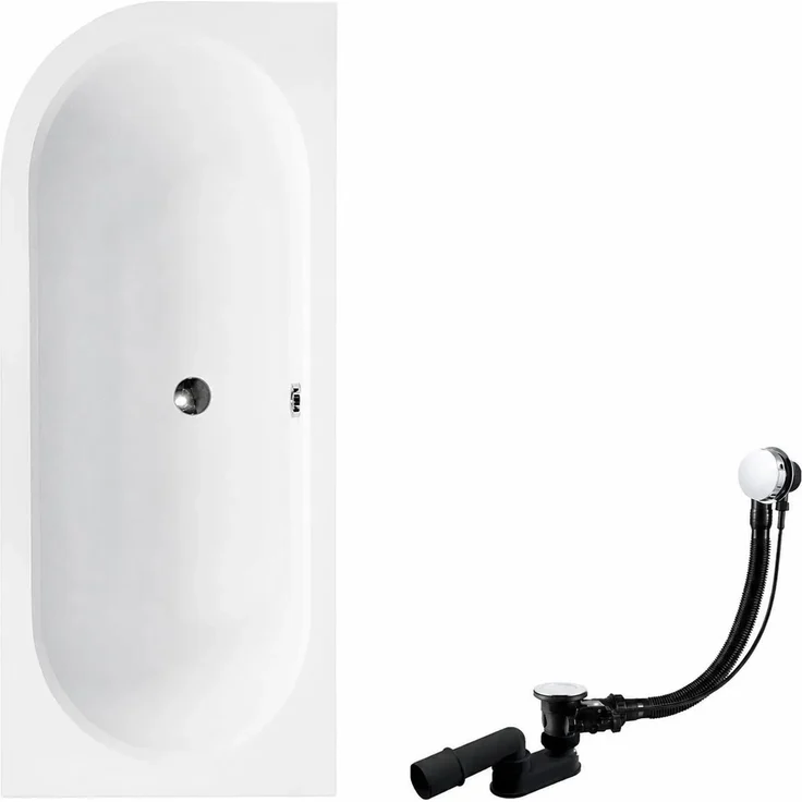 KOLMAN Badewanne Eckwanne AVITA, 150 x 75 cm rechts, mit Bambus Badewannenablage, Antibakterielle Oberfläche, Ablauf und Füße, schneeweiß