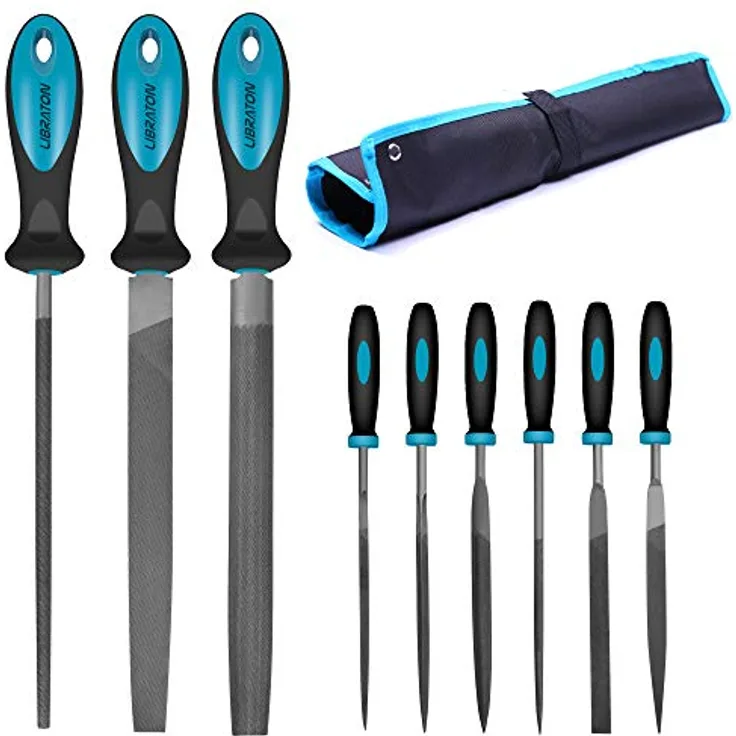 LIBRATON 9 tlg Feilen Set, Metallwerkstattfeilen mit ergonomischen Gummigriffen, inkl. halbrunde, runde und flache Feilen sowie Nadelfeilen in Segeltuchtasche