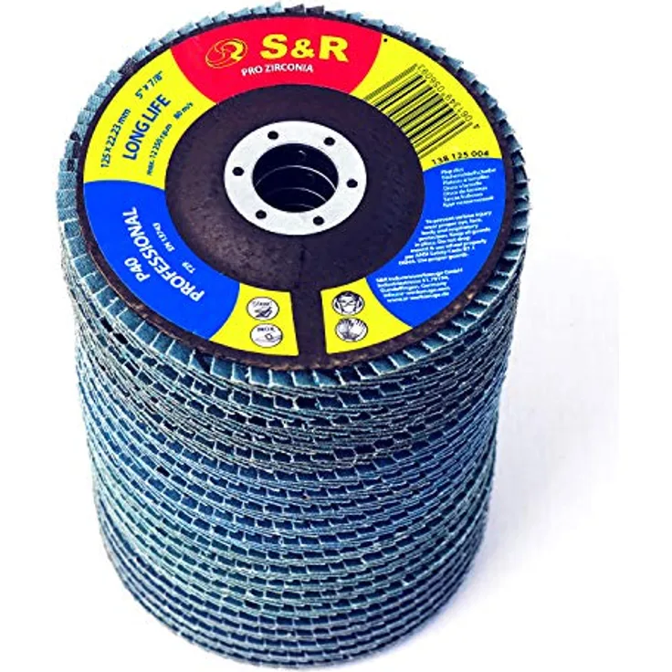 S&R Fächerschleifscheiben Set 20 St., 125 x 22,23 mm, Profi Qualität, T29, für Stahl und Edelstahl, 5x Körnung P40/60/80/120