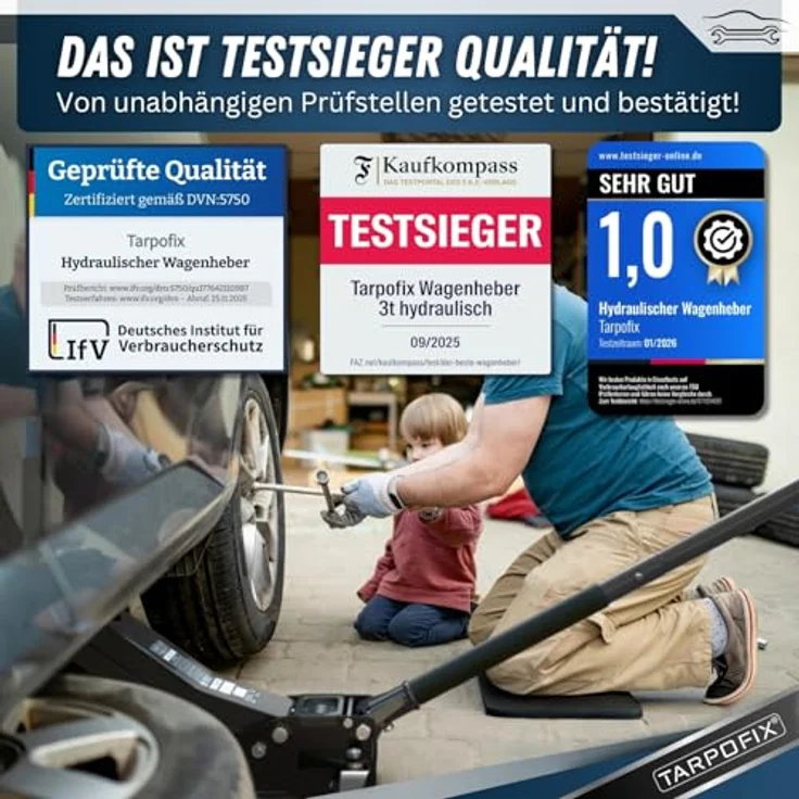 Tarpofix Hydraulischer Wagenheber 3T, flach für Auto & SUV, Hubhöhe 85 - 475 mm, inkl. Gummiauflage & Handschuhe – Bild 2