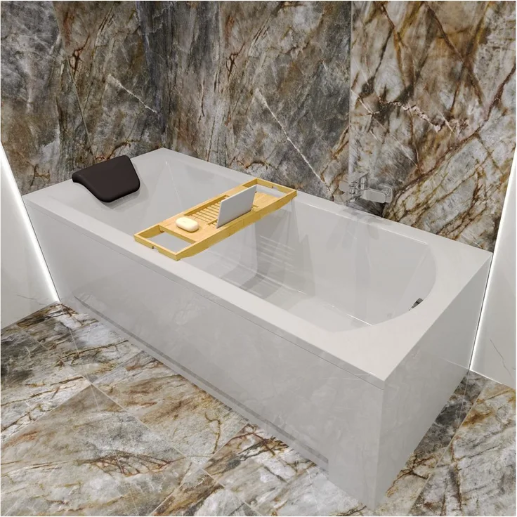KOLMAN Acryl Badewanne SHEA 150x70, schneeweiß mit Bambus Badewannenablage und antibakterieller Beschichtung