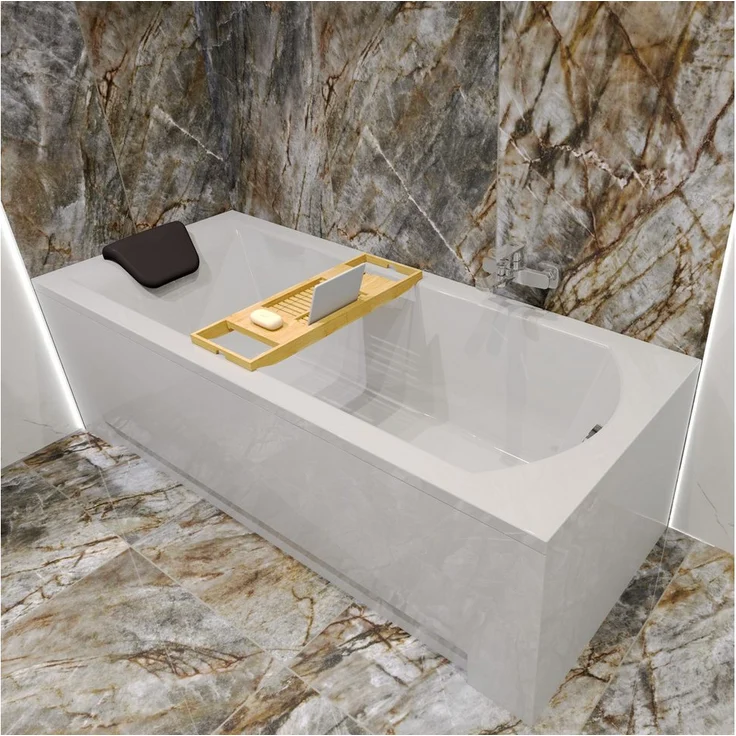 KOLMAN Acryl Badewanne SHEA 150x70, schneeweiß mit Bambus Badewannenablage und antibakterieller Beschichtung