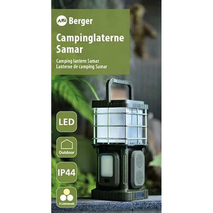 BERGER Samar Campinglaterne, multifunktionale LED-Lampe mit Powerbank (5200mAh) & Bluetooth Lautsprecher, spritzwassergeschützt (IP44), ideal für Zelt & Outdoor-Aktivitäten – Bild 4