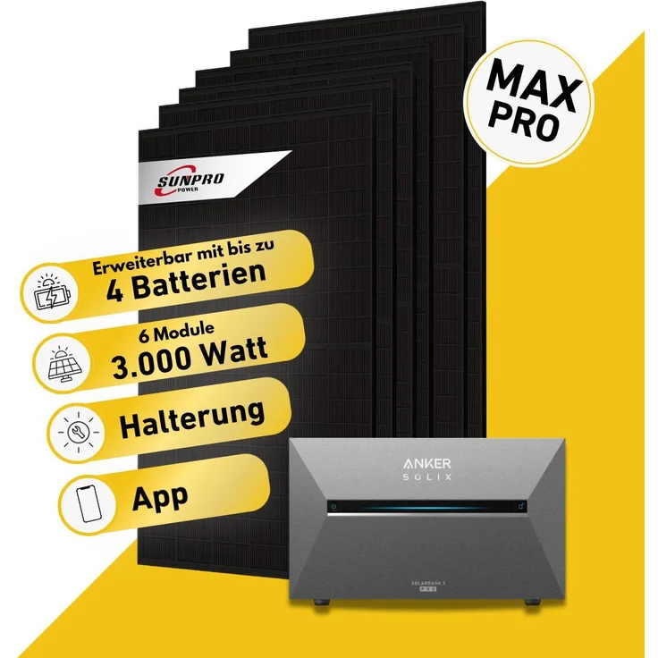 Balkonstrom Balkonkraftwerk 3000W, Solaranlage mit Speicher, 6x bifaziales Solarmodul, Anker Solix 3 Pro, Fassadenhalterung 15-30 Grad, Kabel 15m