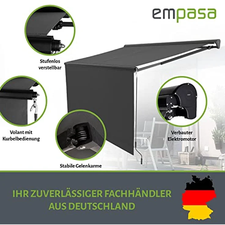 empasa Elektrische Kassettenmarkise 'Expert' Gelenkarmmarkise Markise Sonnenschutz mit manuell ausfahrbarem Volant in verschiedenen Größen und Farben – Bild 4