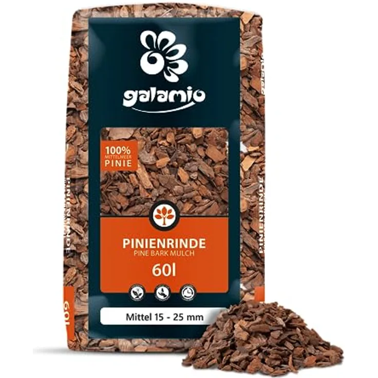 GALAMIO Pinienrinde Mittel 15-25mm, 60l Sack Rindenmulch für Pflanzen, natürlicher Bodenbelag, umweltfreundlich und dekorativ