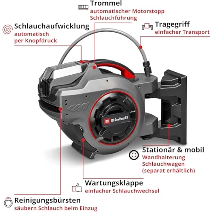 Einhell Schlauchtrommel GE-HR 18/30-1 WH Li-Solo, automatische Schlauchaufwicklung, ohne Akku und Ladegerät, 30 m Kapazität, UV- und spritzwassergeschützt – Bild 3