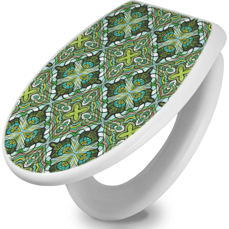 Banjado WC-Sitz mit Absenkautomatik, Hygienischer Duroplast Toilettendeckel mit grünem Muster, Soft Close, leichte Montage, 44,5x37x5cm, weiß