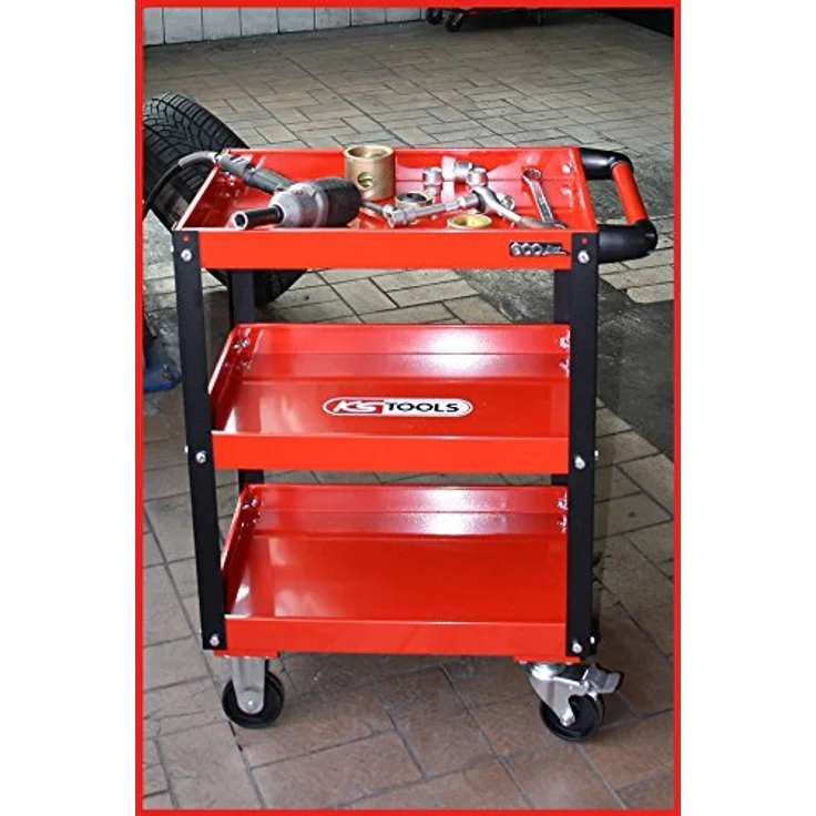 KSTOOLS ECOline Werkstatt-Servicewagen, H850xB680xT425mm, stabiler Stahlblech-Konstruktion, 3 Etagen, rot, hohe Tragkraft bis 150 kg, leicht rollbar mit 4 Rädern – Bild 13