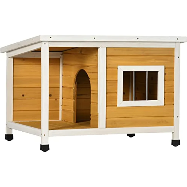 PawHut Hundehütte, Tannenholz, Hundehaus mit Terrasse und aufklappbarem Asphaltdach, Hütte für kleine Hunde, Indoor, Outdoor, wetterfest, Orange, 85,5 x 62 x 60 cm – Bild 1