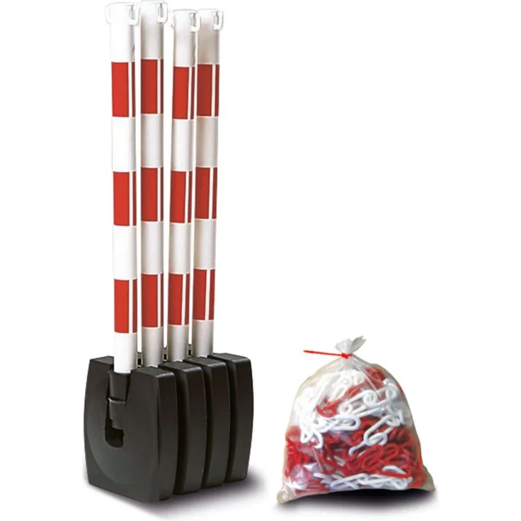 Moravia GUARDA-Flex Ketten-Warnständer-Set, 4 klappbare Ständer mit 10m Kette, rot-weiß oder schwarz-gelb, robust, für Innen- und Außenbereich
