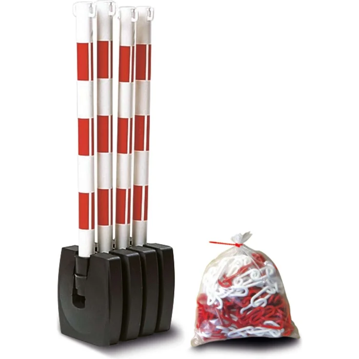 Moravia GUARDA-Flex Ketten-Warnständer-Set, 4 klappbare Ständer mit 10m Kette, rot-weiß oder schwarz-gelb, robustes Kunststoff-Design, betongefüllte Fußplatte