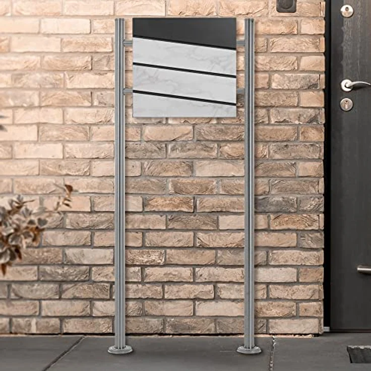 ECD Germany Standbriefkasten mit Zeitungsfach, Design Briefkasten mit Pfosten, Briefkastenanlage, Briefkastenständer Silber metallic 120 cm aus Edelstahl, Postkasten Anthrazit-Marmoroptik aus Stahl – Bild 1
