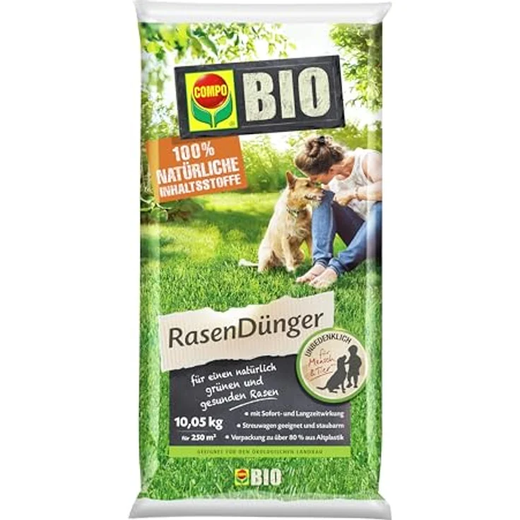 Compo Bio-Rasendünger 10,05 kg, 100% natürliche Inhaltsstoffe, für 250 m², sofort- und langzeitwirksam, staubarm, unbedenklich für Mensch und Tier – Bild 1